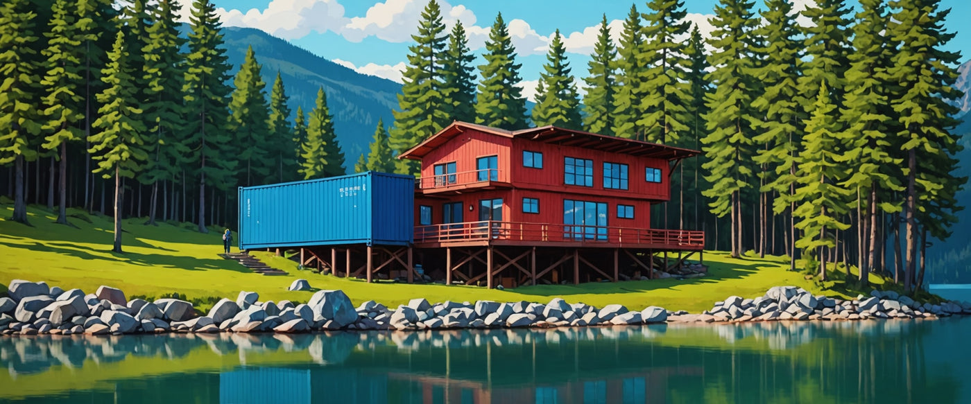 Image of a lake house with a blue shipping container next to the house.