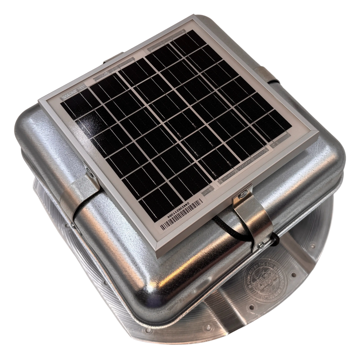 Solar ventilation fan, Solar Mega RoofBlaster for conex containers with 3.5" ribs, right side view, galvanized finish, 5W solar panel (no background) | Solar Blaster brand