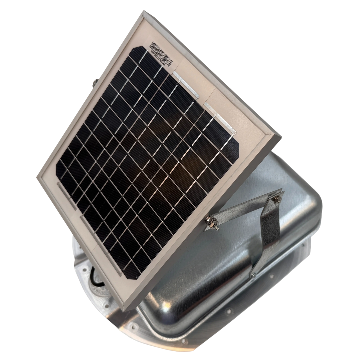 Solar ventilation fan, Solar Mega RoofBlaster for conex containers with 3.5" ribs, left side view, galvanized finish, 5W solar panel (no background) | Solar Blaster brand