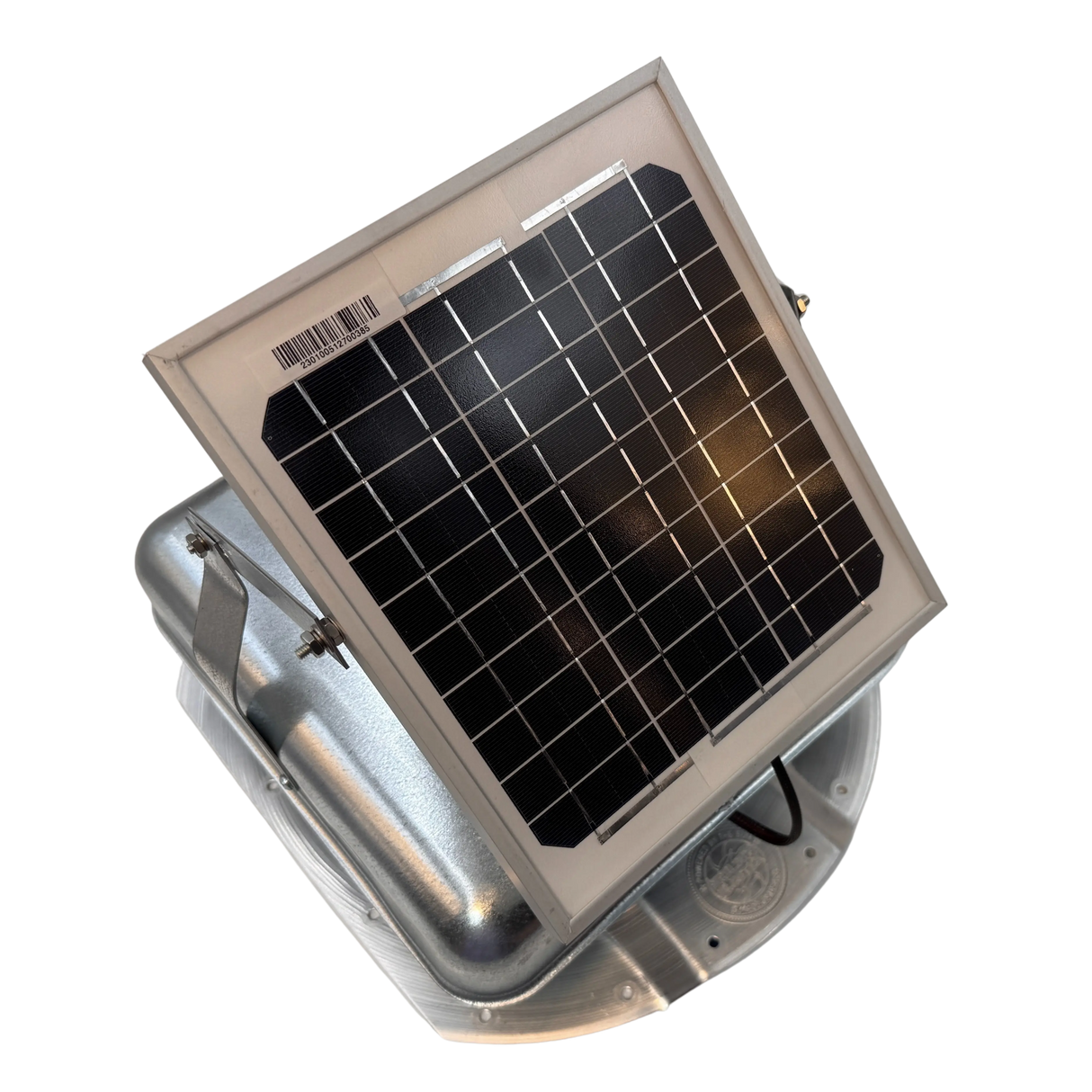 Solar ventilation fan, Solar Mega RoofBlaster for conex containers with 3.5" ribs, right side view, galvanized finish, 5W solar panel (no background) | Solar Blaster brand