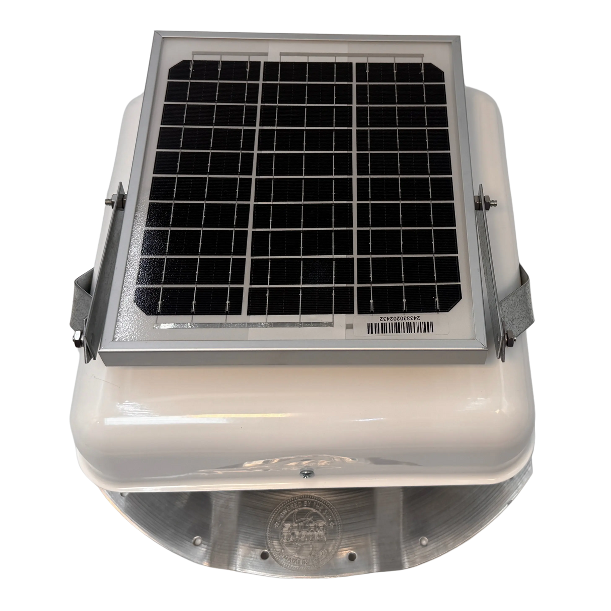 Solar ventilation fan, Solar Mega RoofBlaster for conex containers with 3.5" ribs, front view, powder-coated white, 5W solar panel (no background) | Solar Blaster brand