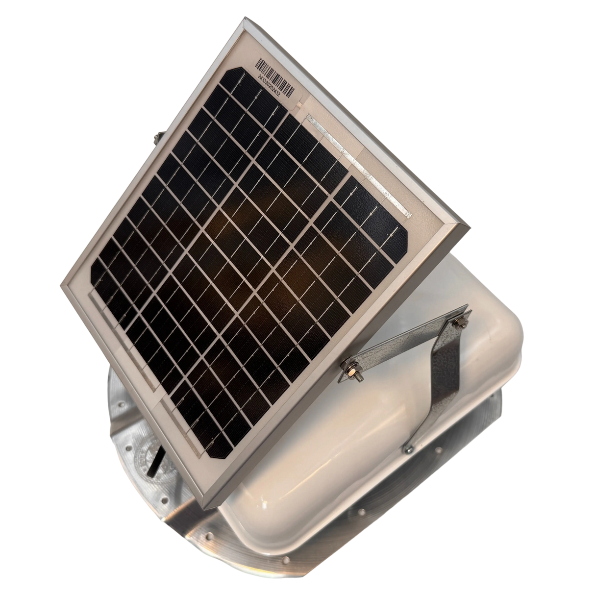 Solar ventilation fan, Solar Mega RoofBlaster for conex containers with 3.5" ribs, left side view, powder-coated white, 5W solar panel (no background) | Solar Blaster brand