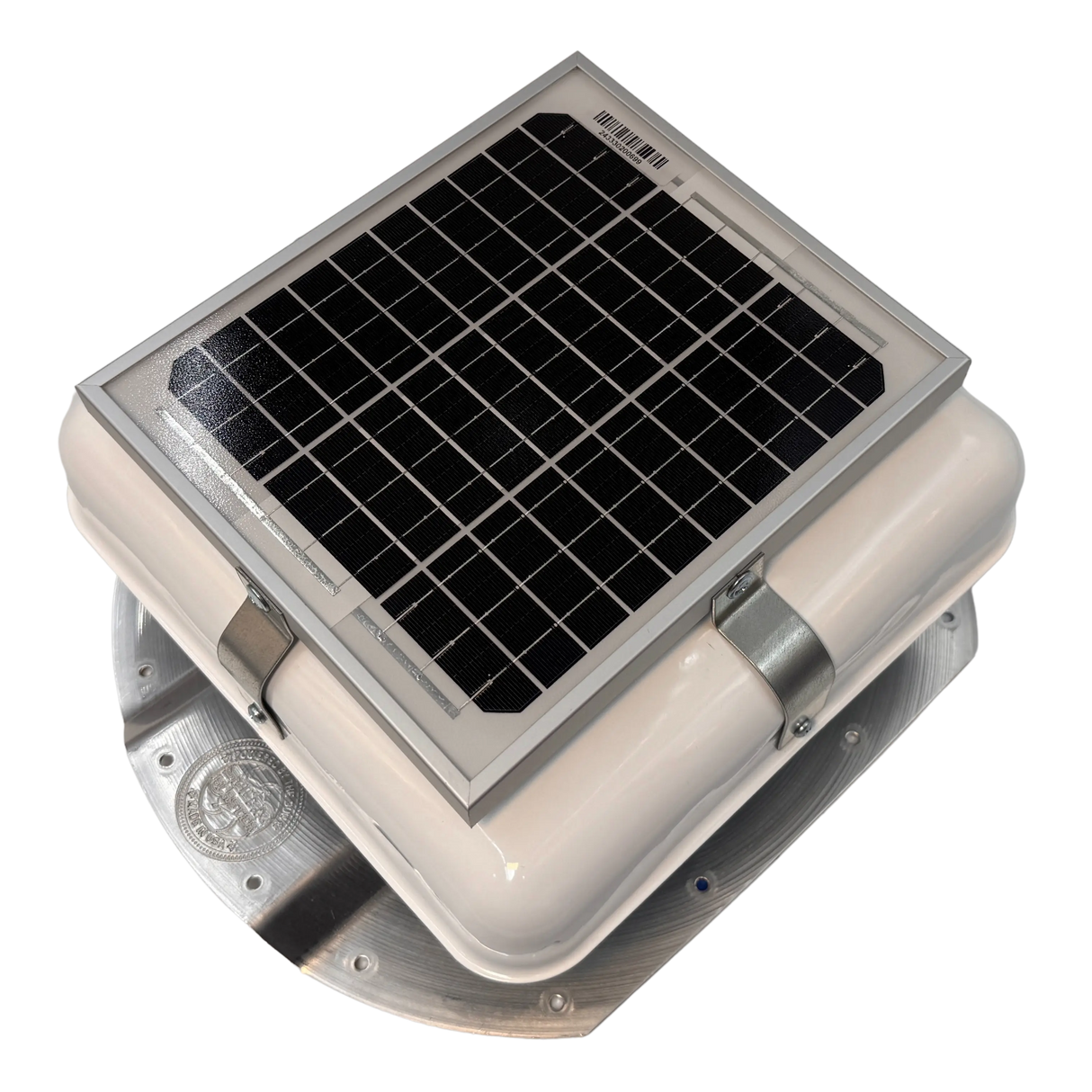 Solar ventilation fan, Solar Mega RoofBlaster for conex containers with 3.5" ribs, left side view, powder-coated white, 5W solar panel (no background) | Solar Blaster brand