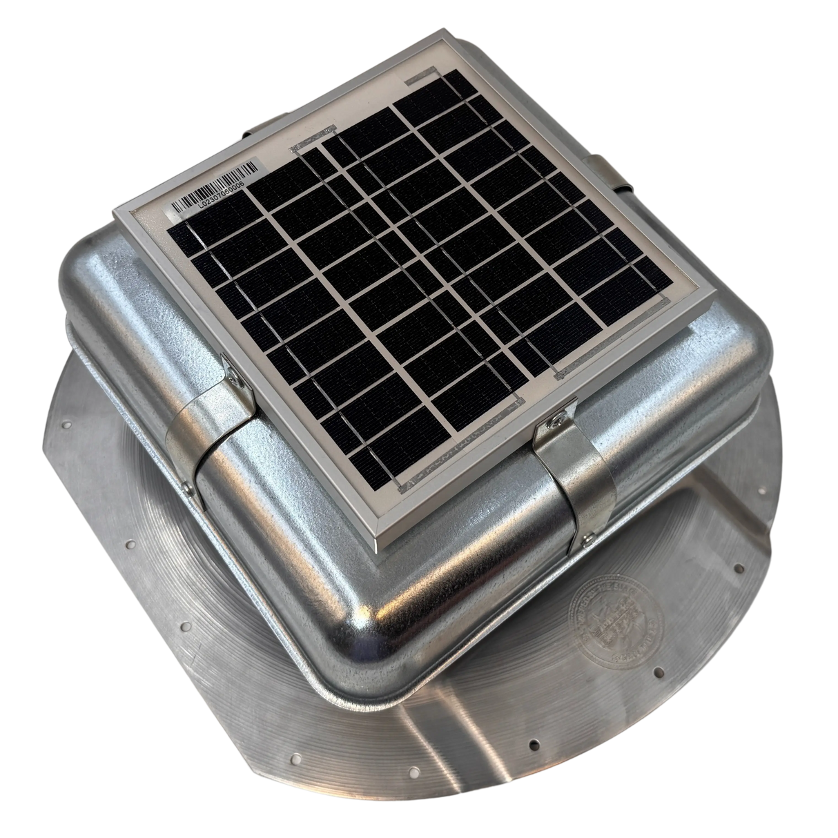 Solar ventilation fan, Solar Mega RoofBlaster for conex containers with 6.5" ribs, right side view, galvanized finish, 5W solar panel (no background) | Solar Blaster brand