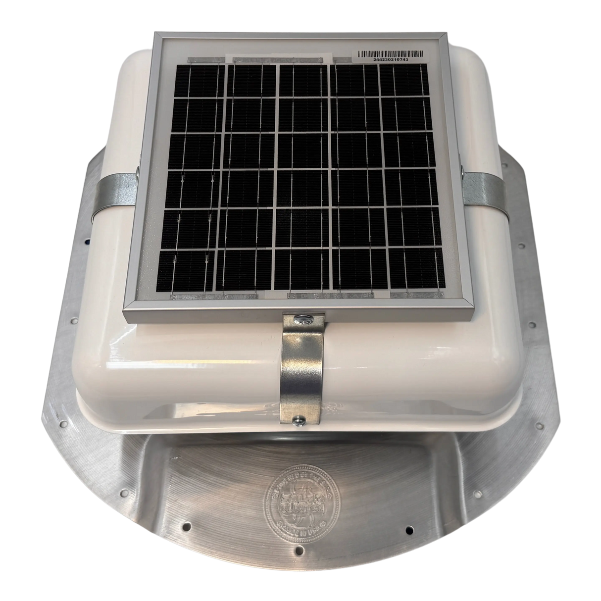 Solar ventilation fan, Solar Mega RoofBlaster for conex containers with 6.5" ribs, front view, powder-coated white, 5W solar panel (no background) | Solar Blaster brand