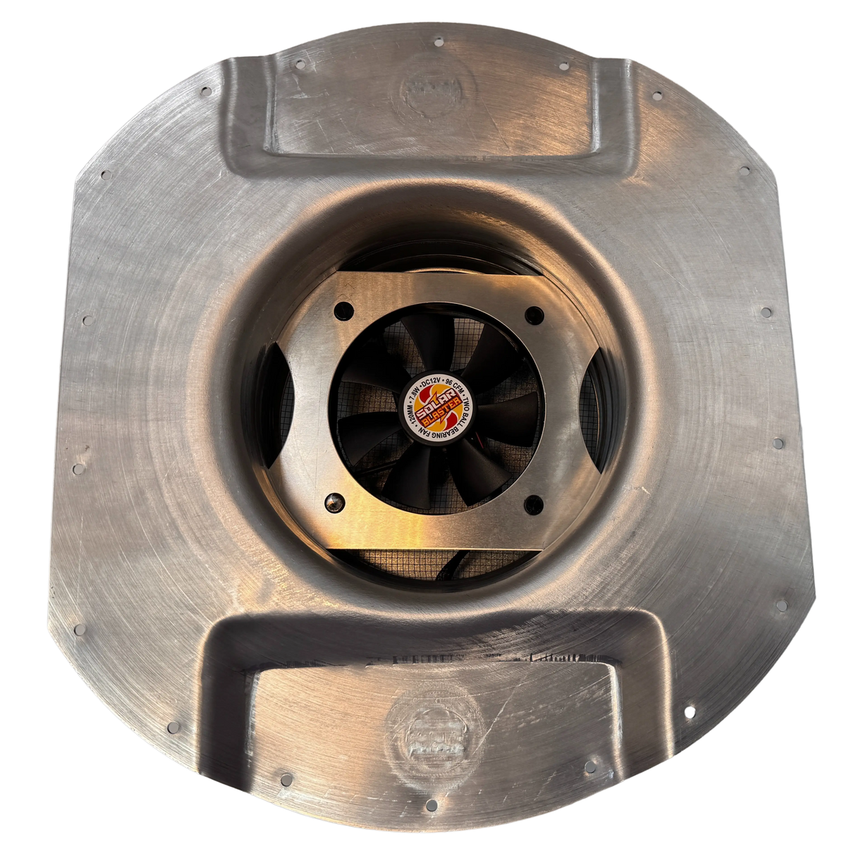 Solar ventilation fan, Solar Mega RoofBlaster for conex containers with 6.5" ribs, bottom view, 5W solar panel (no background) | Solar Blaster brand