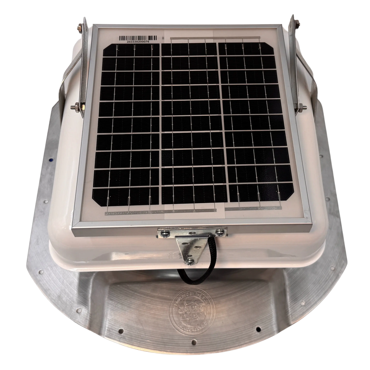 Solar ventilation fan, Solar Mega RoofBlaster for conex containers with 6.5" ribs, front view, powder-coated white, 5W solar panel (no background) | Solar Blaster brand