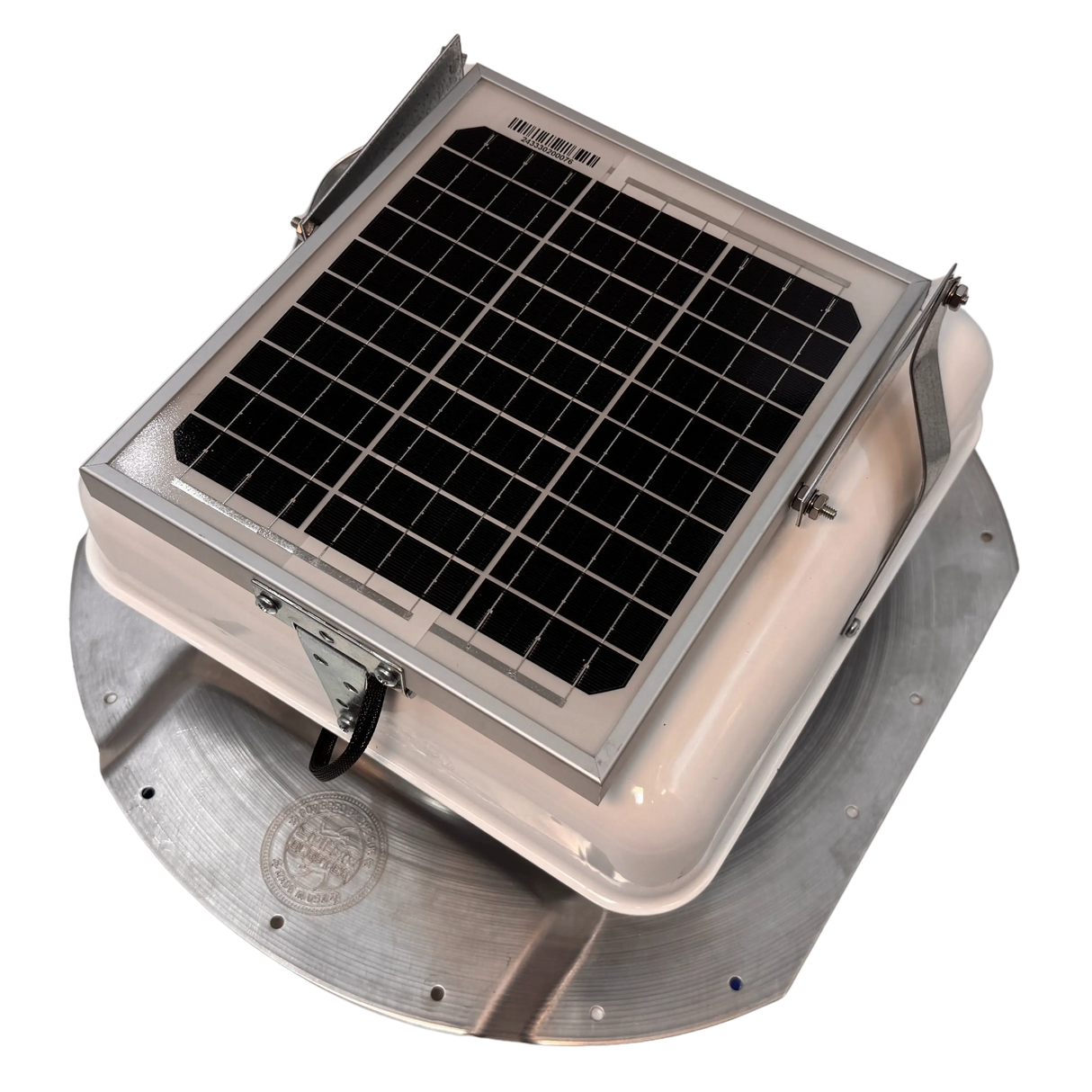 Solar ventilation fan, Solar Mega RoofBlaster for conex containers with 6.5" ribs, left side view, powder-coated white, 5W solar panel (no background) | Solar Blaster brand