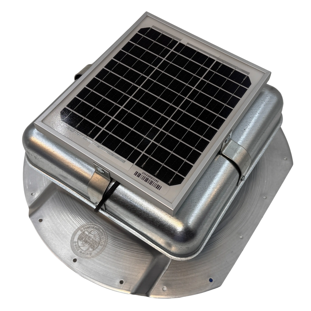 Solar ventilation fan, Solar Mega RoofBlaster for conex containers with 6.5" ribs, left side view, galvanized finish, 5W solar panel (no background) | Solar Blaster brand