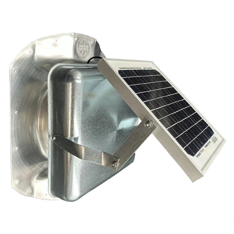 Solar ventilation fan, Solar Sideblaster for shipping container side-wall installation, front view, galvanized finish, 5W solar panel (no background) | Solar Blaster brand
