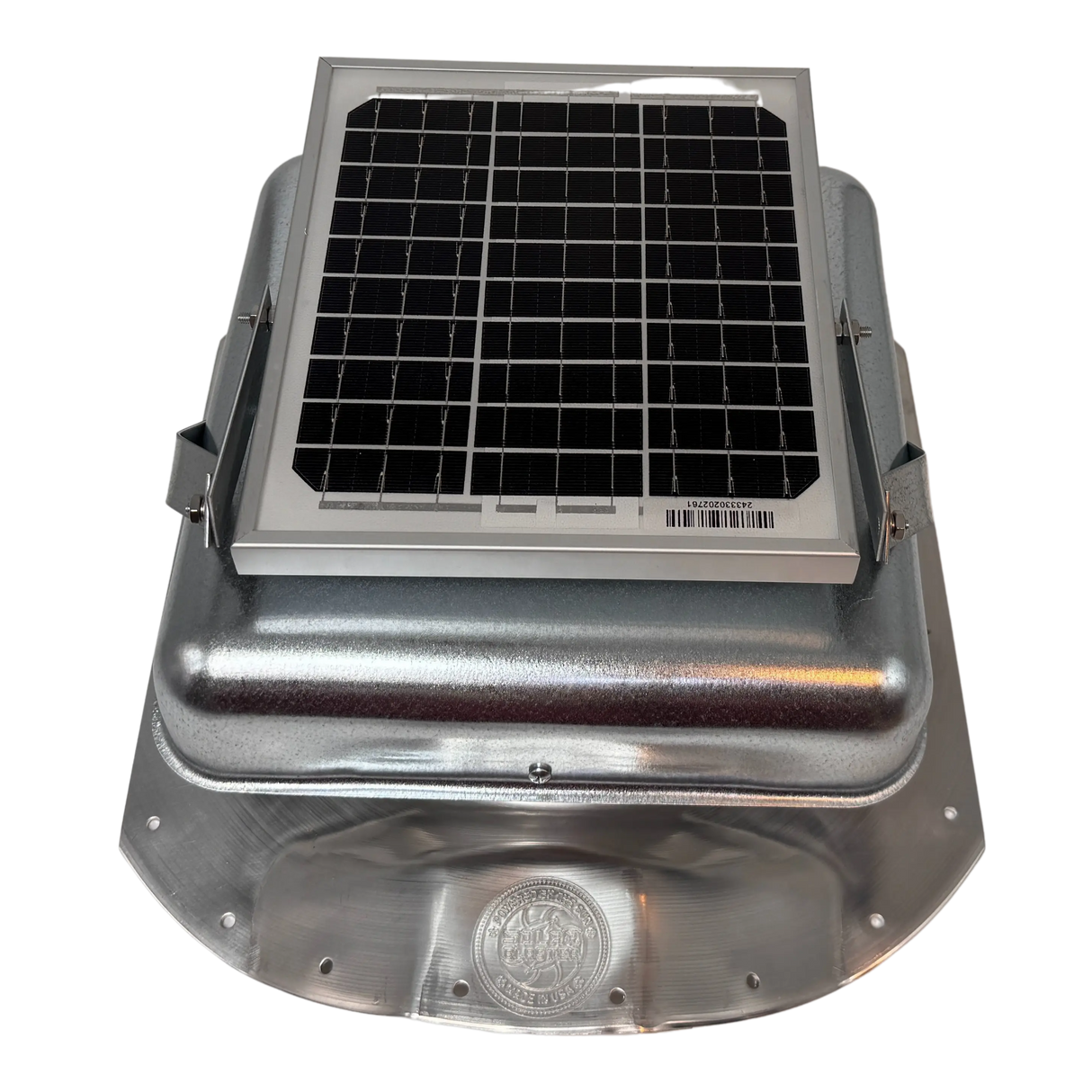 Solar ventilation fan, Solar Sideblaster for shipping container side-wall installation, front view, galvanized finish, 5W solar panel (no background) | Solar Blaster brand