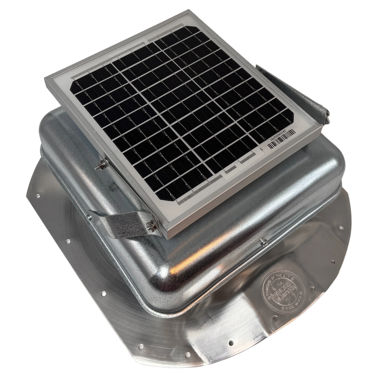 Solar ventilation fan, Solar Sideblaster for shipping container side-wall installation, right side view, galvanized finish, 5W solar panel (no background) | Solar Blaster brand