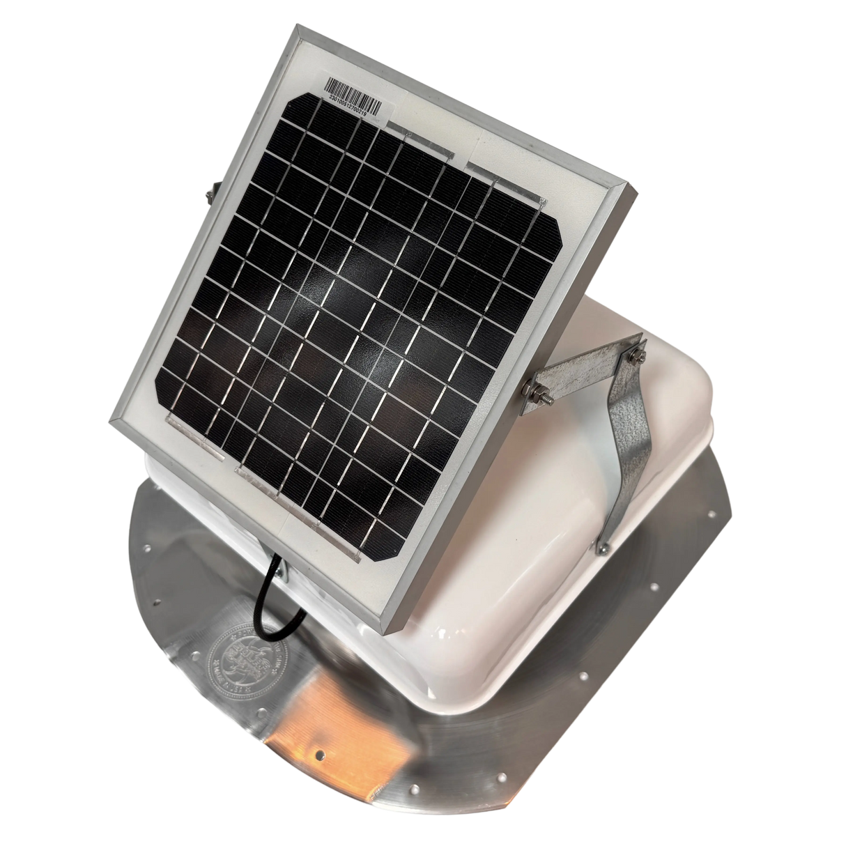 Solar ventilation fan, Solar Sideblaster for shipping container side-wall installation, left side view, powder-coated white, 5W solar panel (no background) | Solar Blaster brand