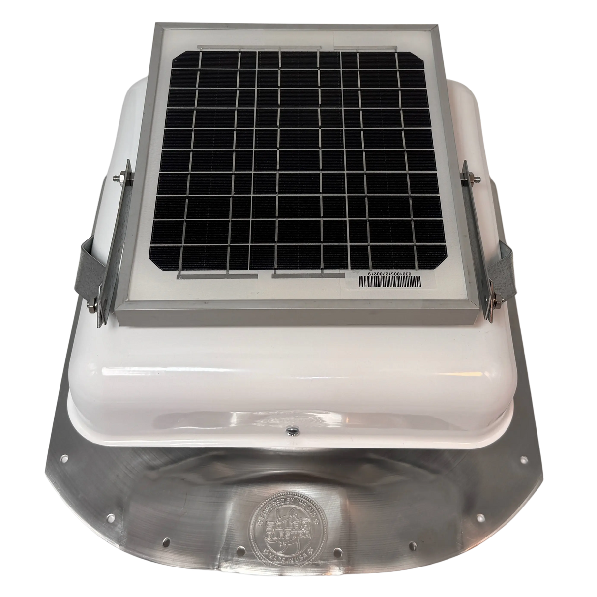 Solar ventilation fan, Solar Sideblaster for shipping container side-wall installation, front view, powder-coated white, 5W solar panel (no background) | Solar Blaster brand