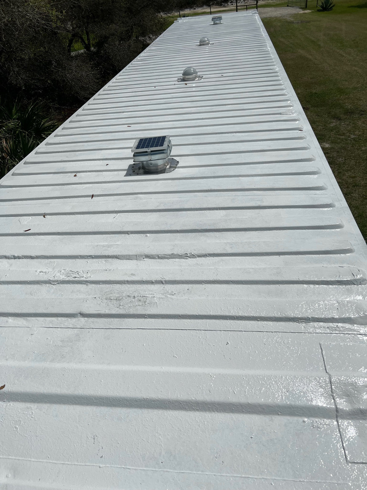 Two Conex Solar Mega Roofblasters and 2 Conex Solar LightBlasters installed on a white shipping container's roof. This is a customer's install photo.