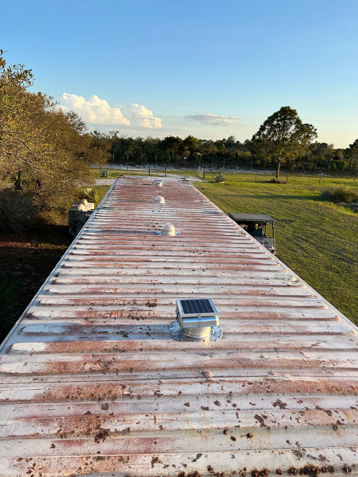 Two Conex Solar Mega Roofblasters and 2 Conex Solar LightBlasters installed on a shipping container's roof. This is a customer's install photo.