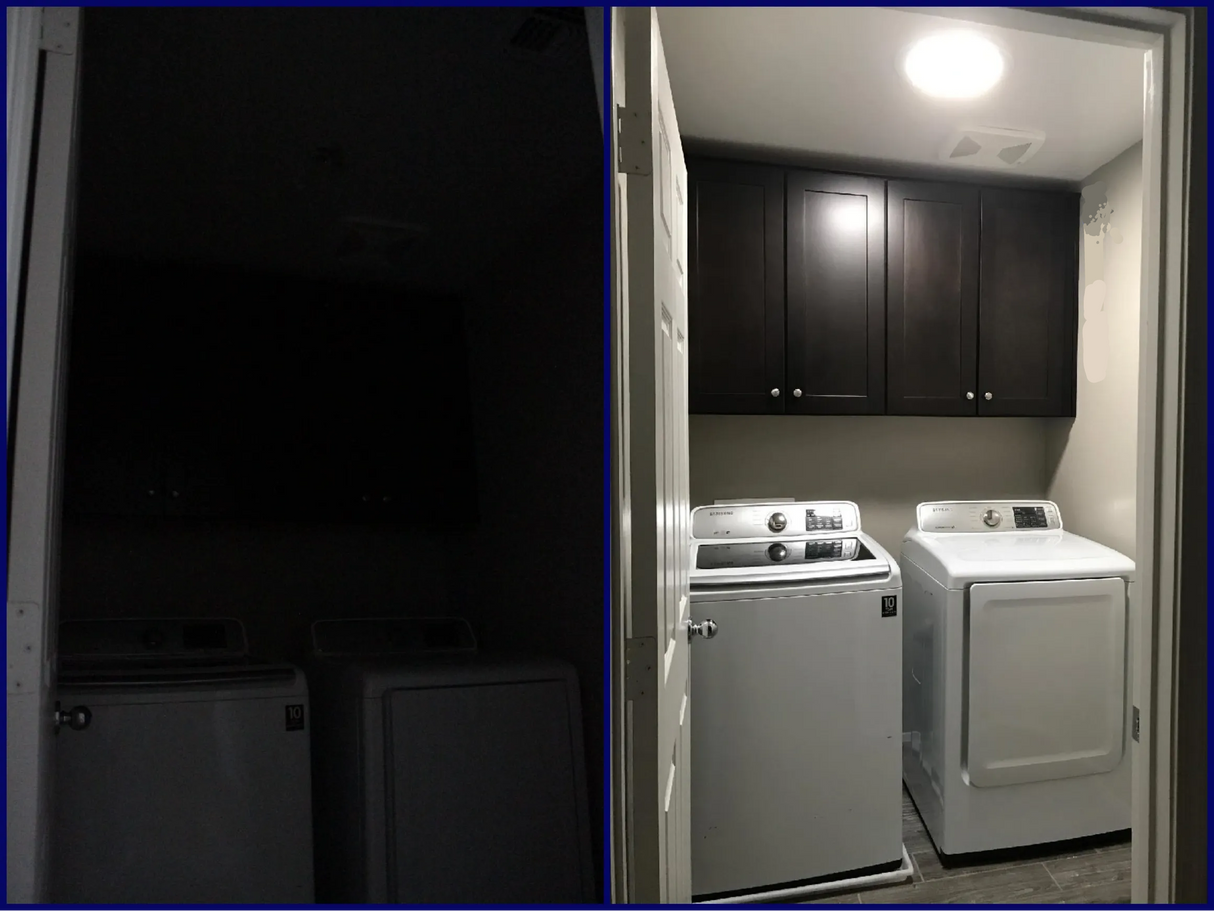 Before and after photos of a laundry room with a newly installed 10-inch Solar LightBlaster Tubular Skylight for Homes.