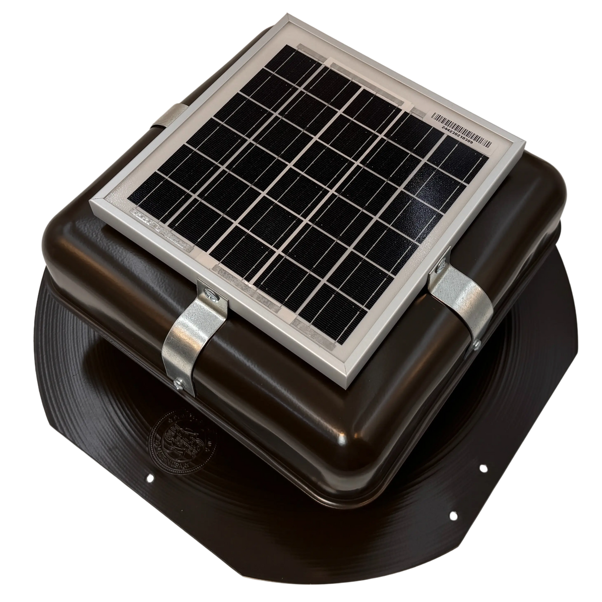 Solar ventilation fan, Solar RoofBlaster for sheds and homes, left side view, powder-coated brown (no background) | Solar Blaster brand