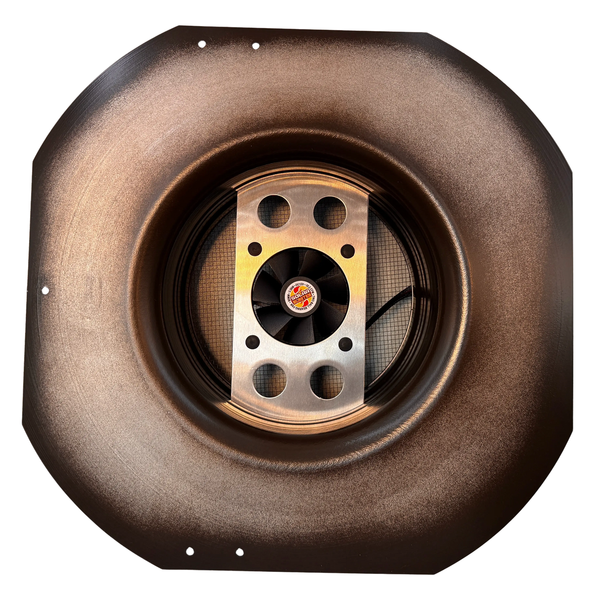Solar ventilation fan, Solar RoofBlaster for sheds and homes, bottom view, powder-coated brown (no background) | Solar Blaster brand