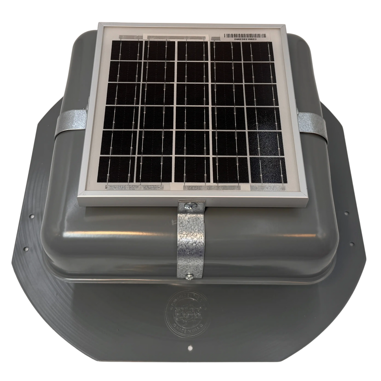 Solar ventilation fan, Solar RoofBlaster for sheds and homes, front view, powder-coated gray (no background) | Solar Blaster brand