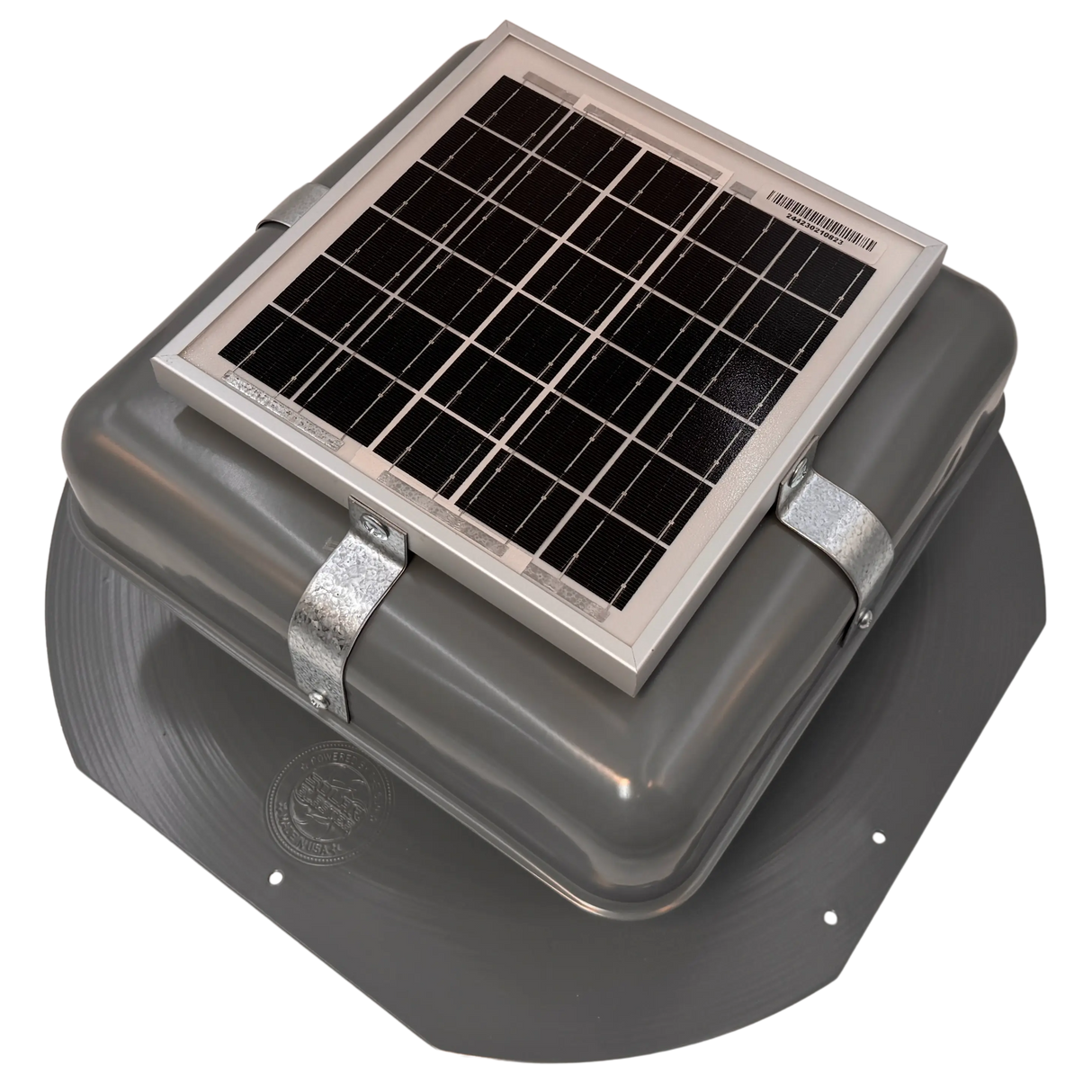 Solar ventilation fan, Solar RoofBlaster for sheds and homes, left side view, powder-coated gray (no background) | Solar Blaster brand