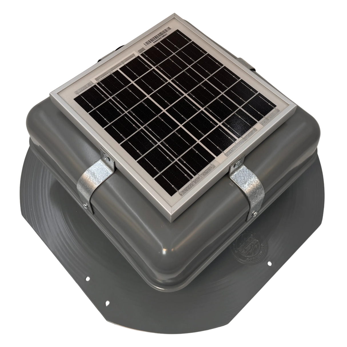 Solar ventilation fan, Solar RoofBlaster for sheds and homes, right side view, powder-coated gray (no background) | Solar Blaster brand