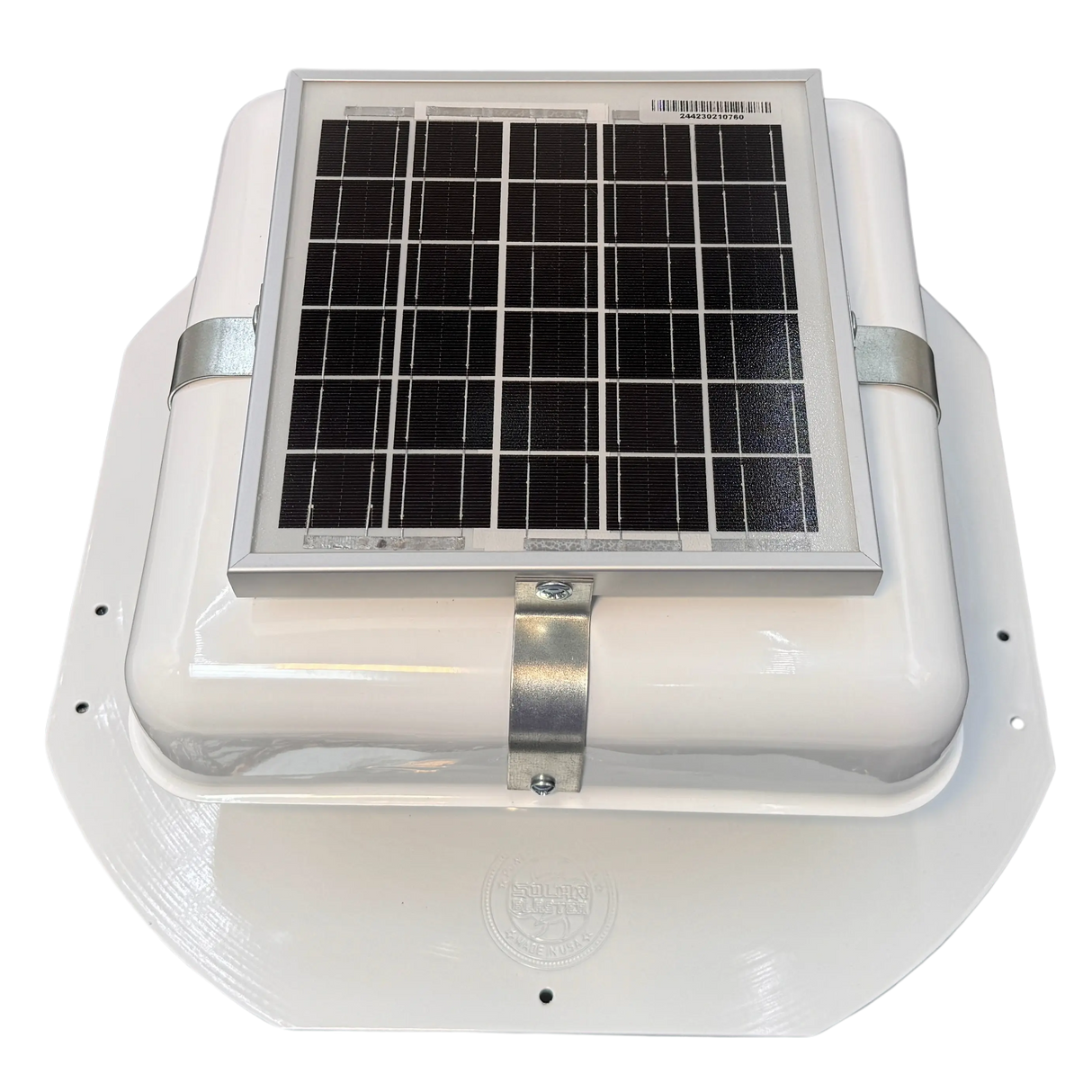 Solar ventilation fan, Solar RoofBlaster for sheds and homes, front view, powder-coated white (no background) | Solar Blaster brand