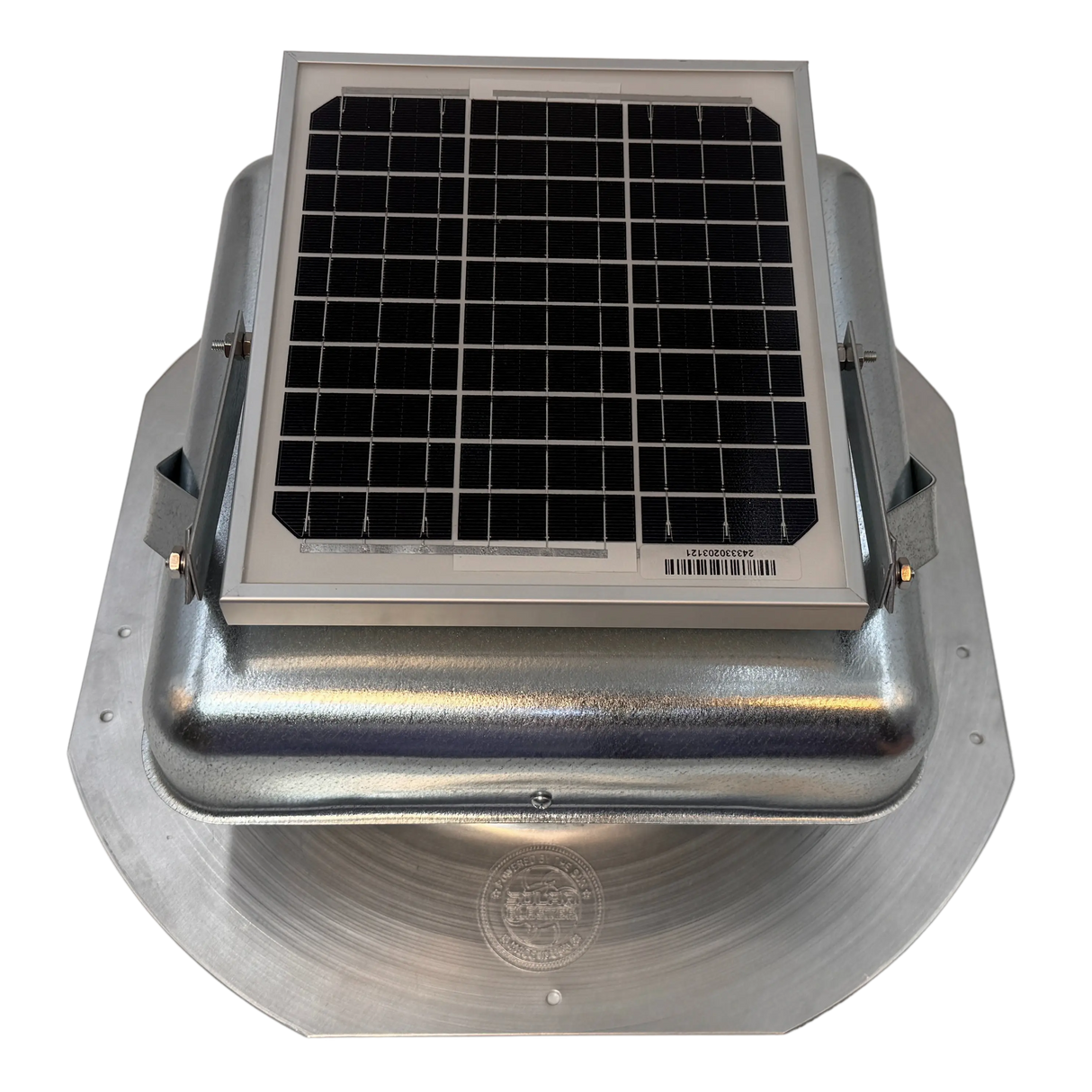 Solar ventilation fan, Solar Mega RoofBlaster for sheds and homes, front view, galvanized finish, 5W solar panel (no background) | Solar Blaster brand