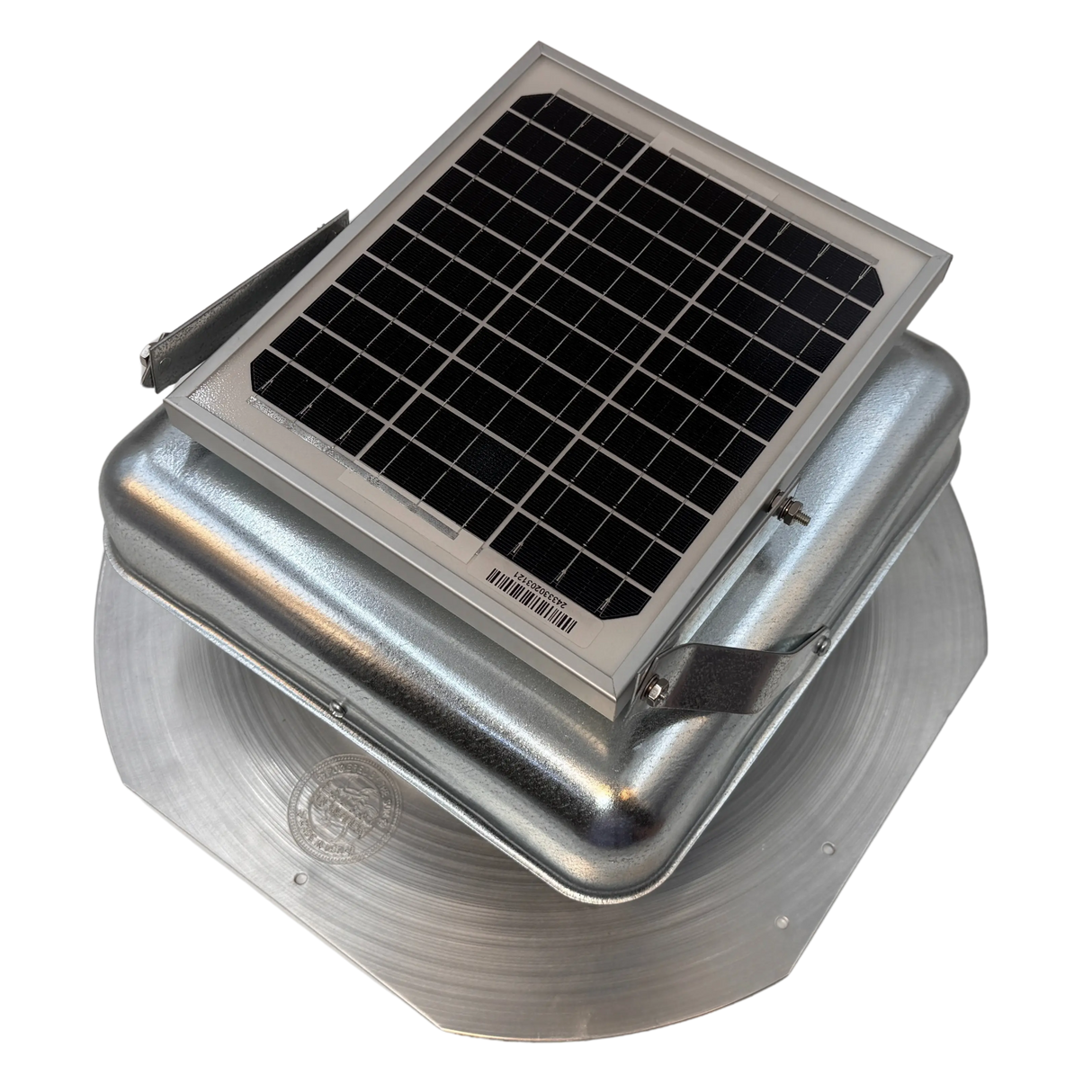 Solar ventilation fan, Solar Mega RoofBlaster for sheds and homes, left side view, galvanized finish, 5W solar panel (no background) | Solar Blaster brand
