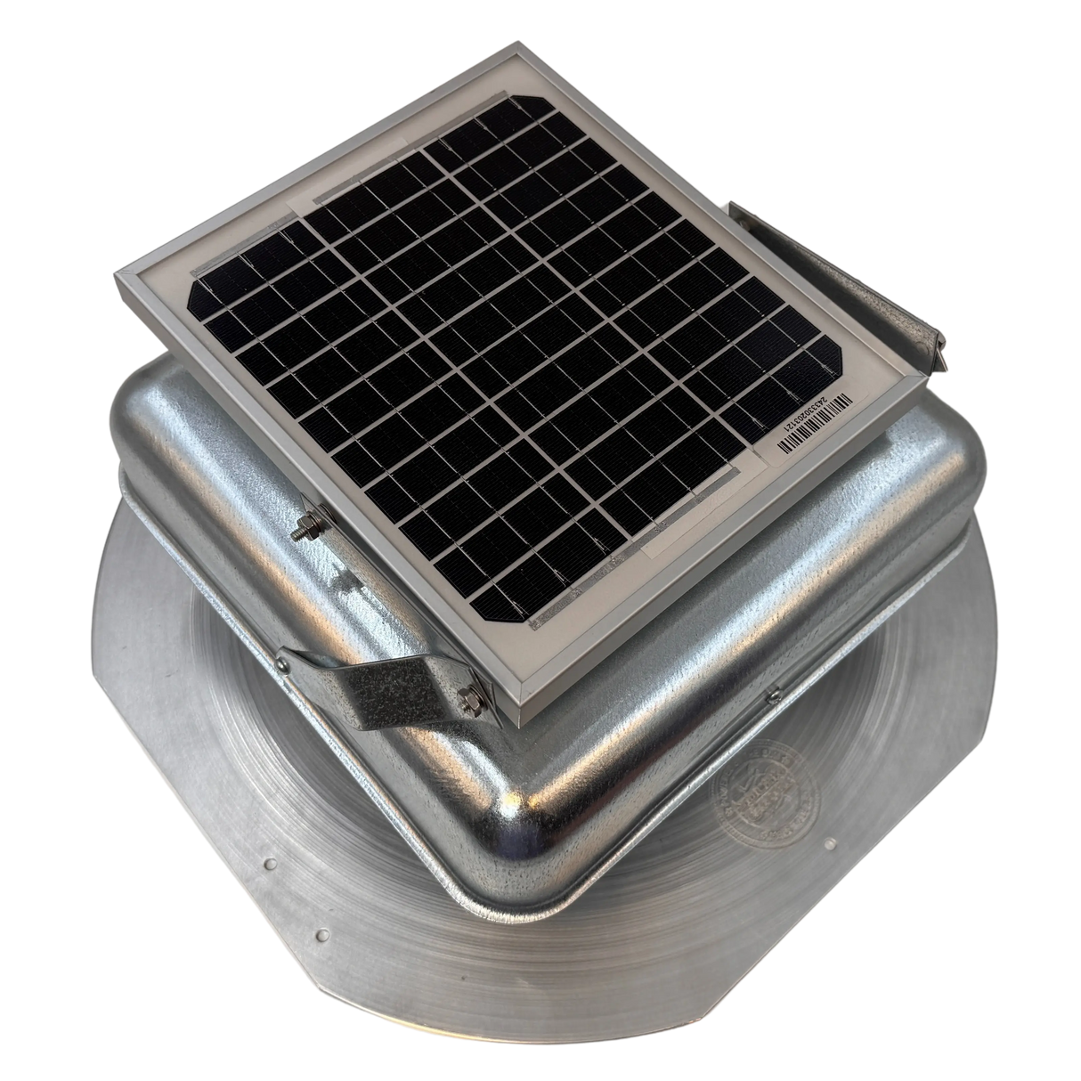 Solar ventilation fan, Solar Mega RoofBlaster for sheds and homes, right side view, galvanized finish, 5W solar panel (no background) | Solar Blaster brand