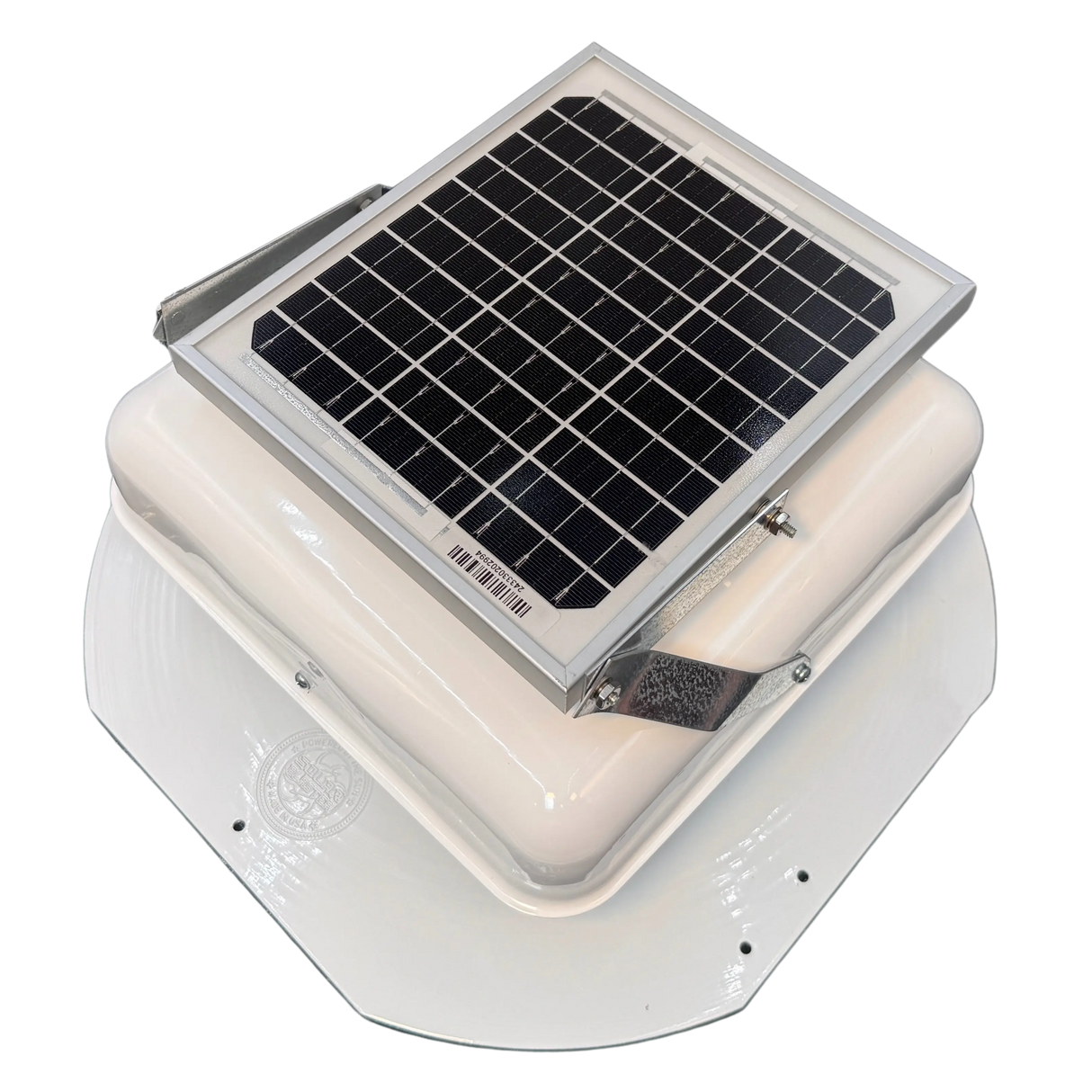 Solar ventilation fan, Solar Mega RoofBlaster for sheds and homes, left side view, powder-coated white, 5W solar panel (no background) | Solar Blaster brand