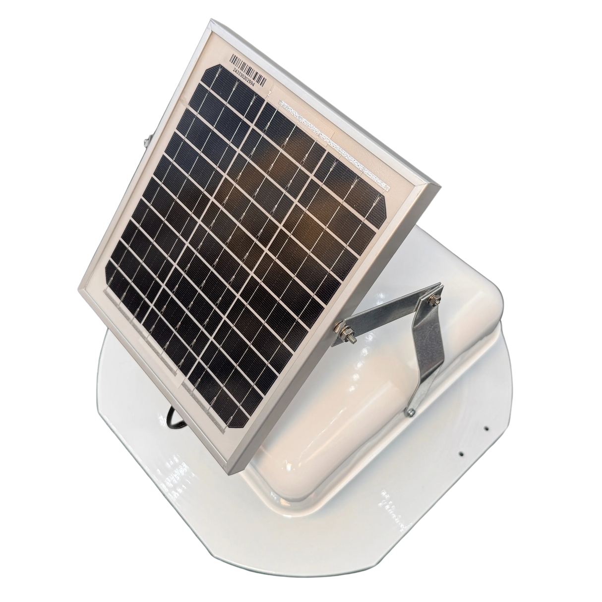 Solar ventilation fan, Solar Mega RoofBlaster for sheds and homes, left side view, powder-coated white, 5W solar panel (no background) | Solar Blaster brand