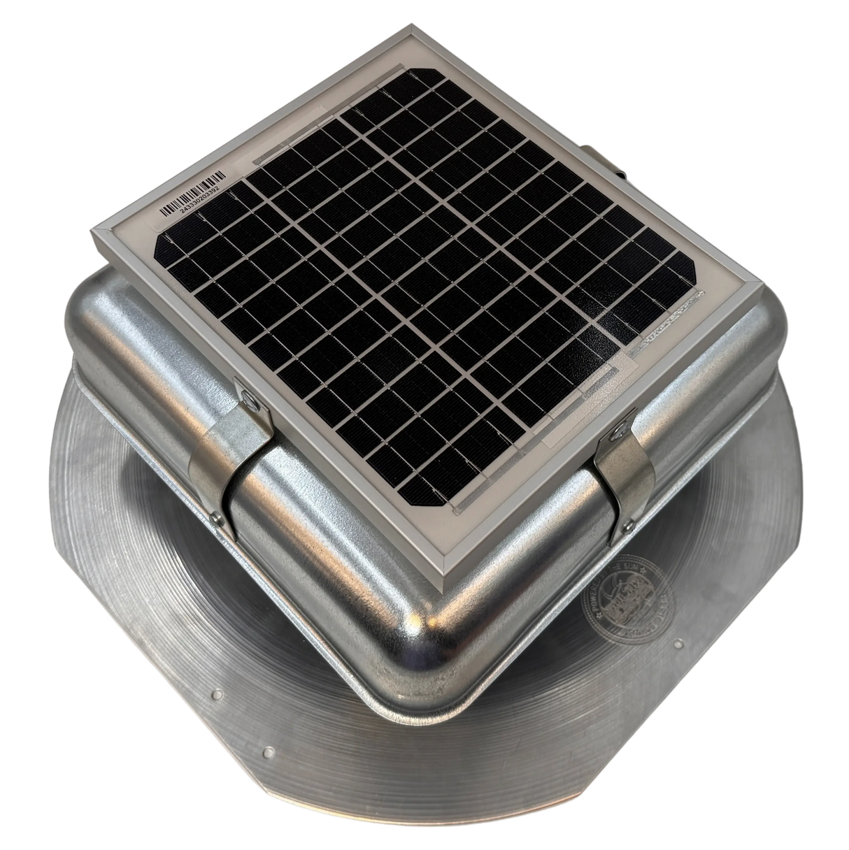 Solar ventilation fan, Solar Mega RoofBlaster for sheds and homes, right side view, galvanized finish, 5W solar panel (no background) | Solar Blaster brand