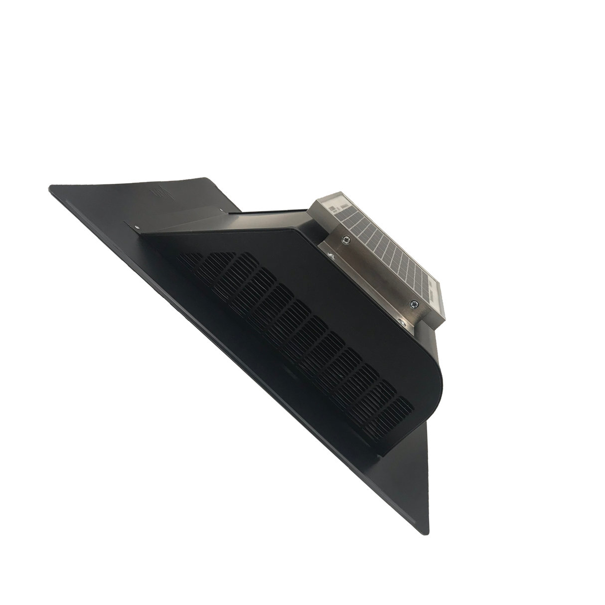A black Solar SlantBlaster vent shown at an angle replicating a pitched roof and showing the right side of the vent.