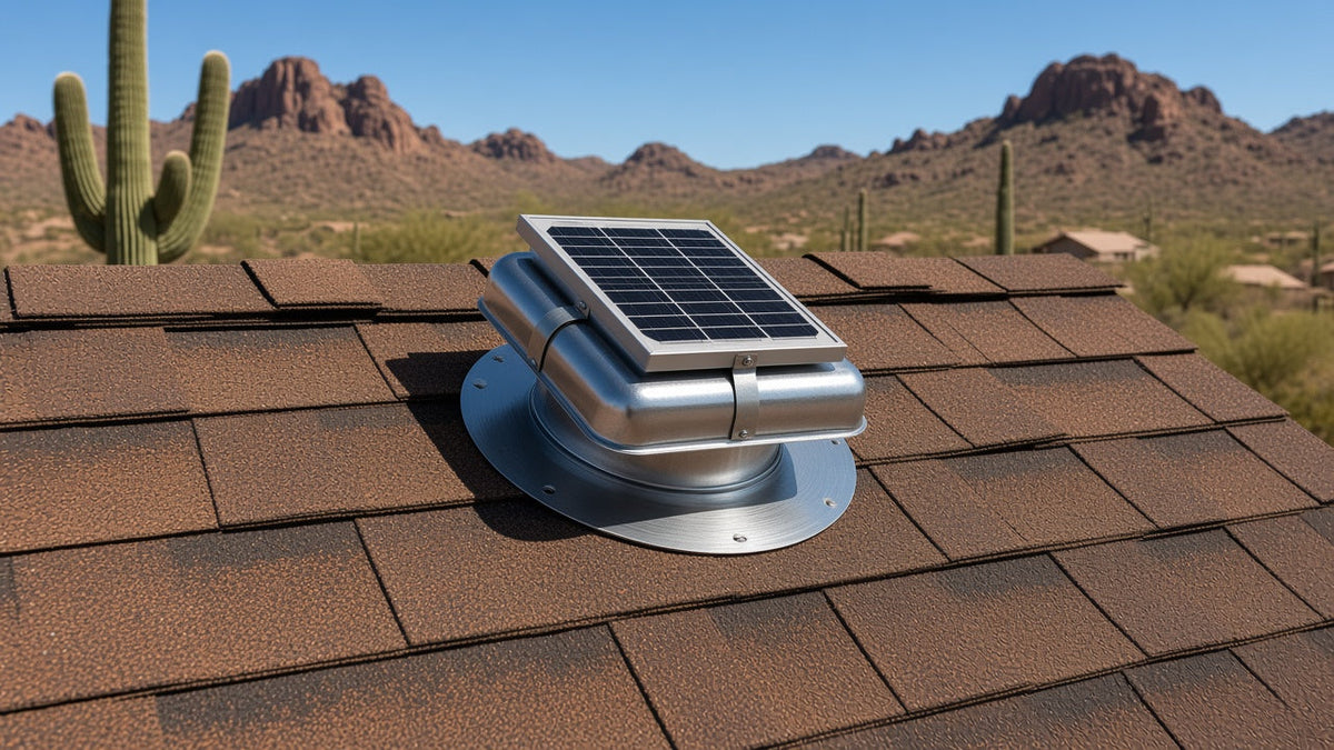 Brown shingle roof in bright Arizona desert sun with a round solar attic fan flashed into the shingles near the ridge, saguaro cactus and rocky mountains behind