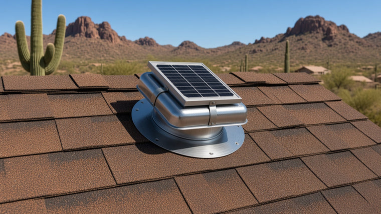 Brown shingle roof in bright Arizona desert sun with a round solar attic fan flashed into the shingles near the ridge, saguaro cactus and rocky mountains behind
