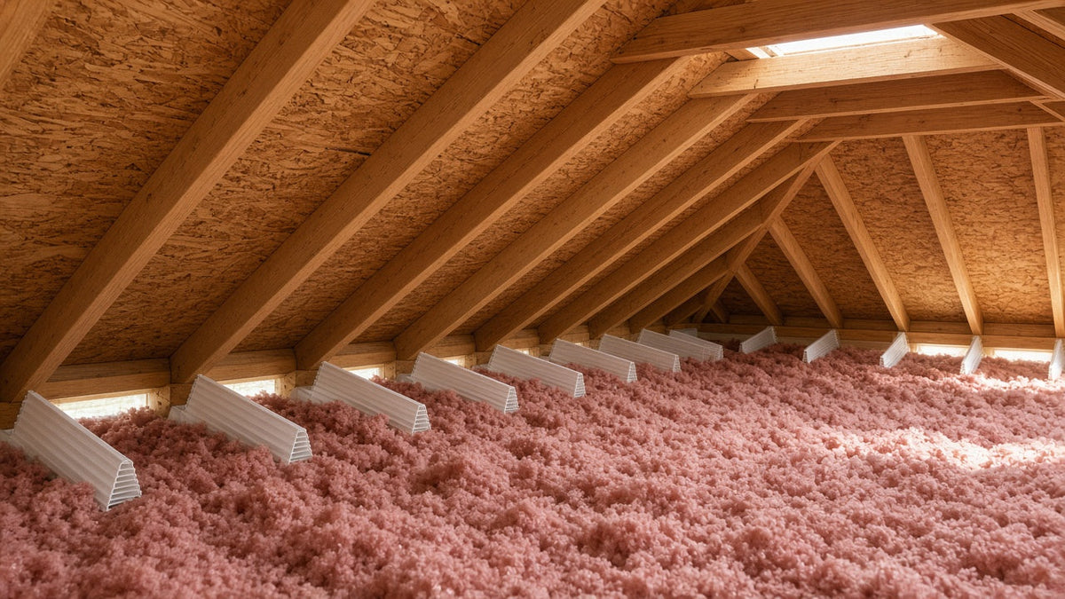 Attic interior with pink loose-fill insulation, white rafter baffles at the eaves and wood rafters, with daylight coming in from soffit vents and the ridge