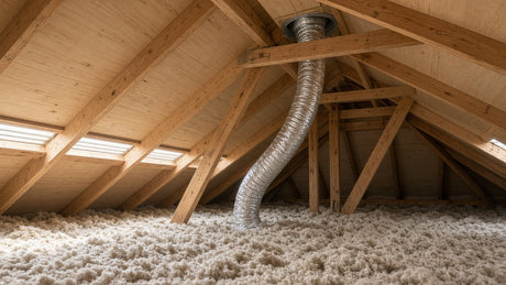 Attic interior with wood roof trusses, loose-fill insulation and a foil bathroom exhaust duct running up to a roof vent cap, with daylight from vents at the eaves