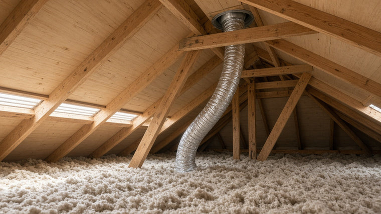 Attic interior with wood roof trusses, loose-fill insulation and a foil bathroom exhaust duct running up to a roof vent cap, with daylight from vents at the eaves