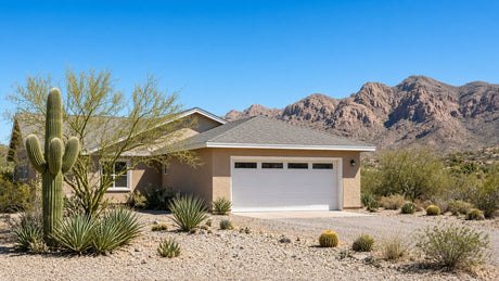 Attached two-car garage with a closed white door and a gray shingled roof on an Arizona home, with saguaro, palo verde and desert mountains under a clear blue sky