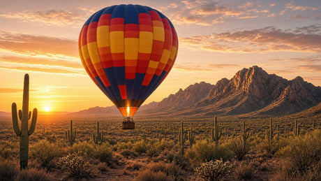 Hot air balloon rising at sunrise over the Arizona desert