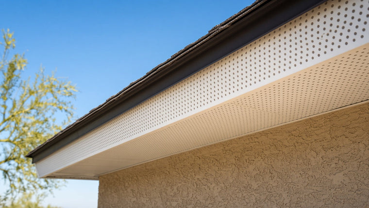Close-up of a perforated white soffit vent panel under the eave of a stucco home, with shingle roof edge above and a clear blue sky