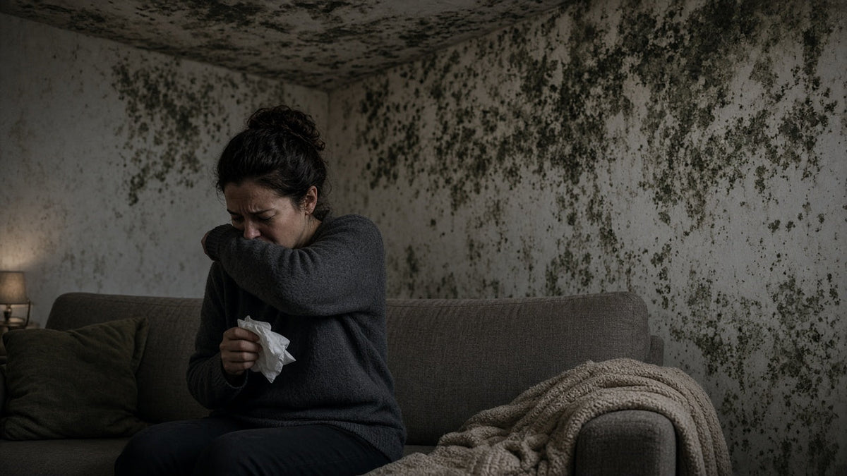 Person coughing in a room with black mold on the walls