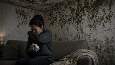 Person coughing in a room with black mold on the walls