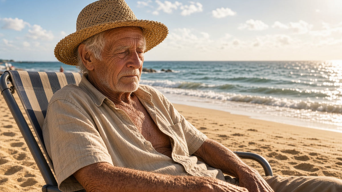 Sun-weathered old man relaxing on the beach