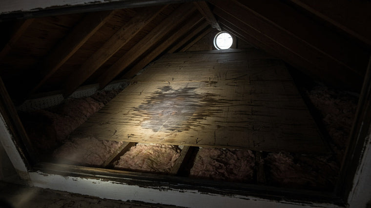 Flashlight beam in a dim attic showing water staining on the roof deck, rafters, pink insulation and a round vent opening near the ridge