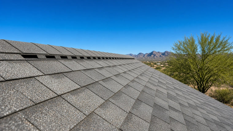 Gray asphalt shingle roof with a ridge vent along the peak on an Arizona home, with a palo verde tree and desert mountains under a clear blue sky
