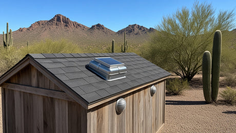 Backyard storage shed under bright desert sun with a small solar roof fan flashed into the shingles near the peak and low intake vents on the wall