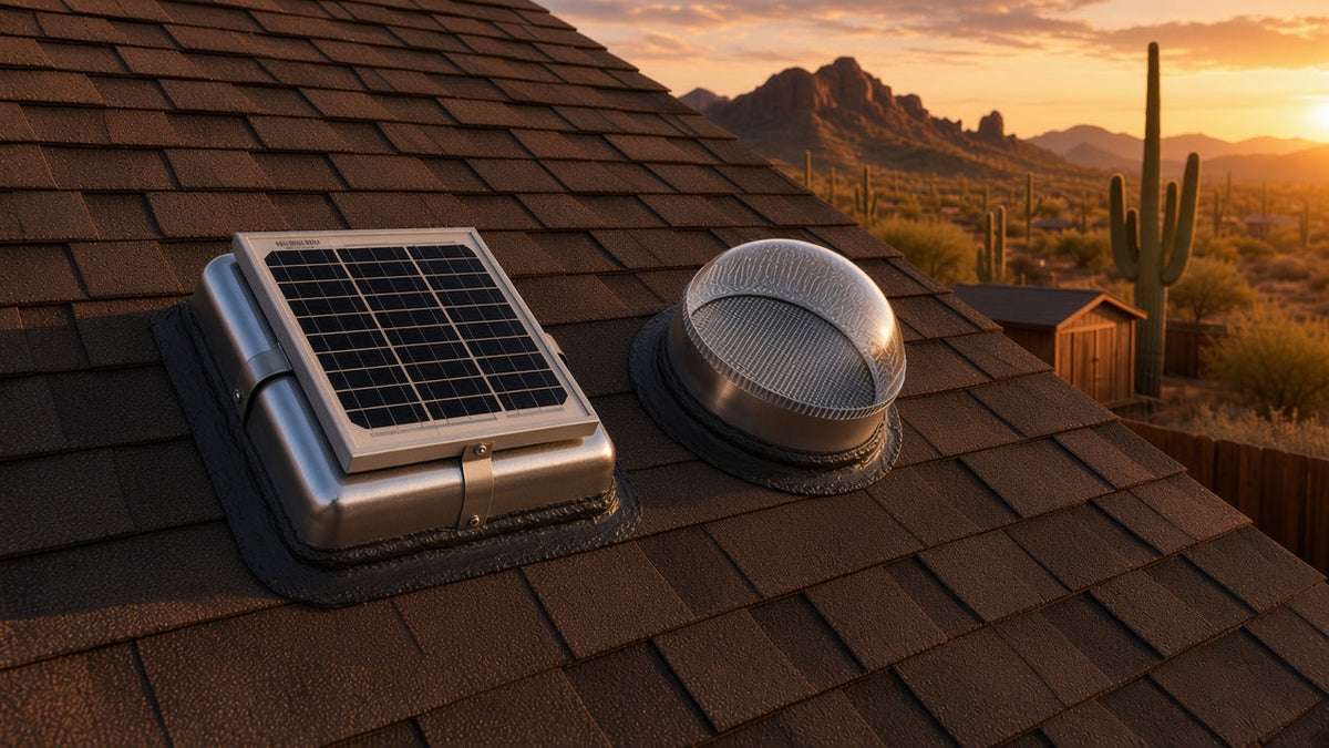 Solar Blaster Mega RoofBlaster solar attic fan and LightBlaster solar tube on an Arizona home roof at sunset