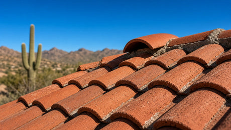 Close-up of red clay barrel tile roof with a mortared ridge on an Arizona home, with a saguaro and desert mountains under a clear blue sky